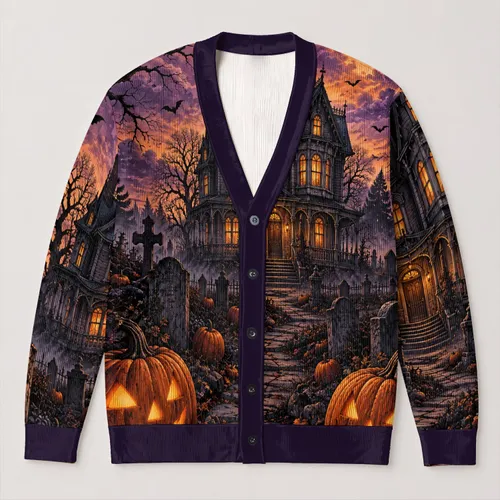 Haunted House And Jack-O'-Lanterns For Spooky Halloween Nights All-over Print Knitted Cardigan