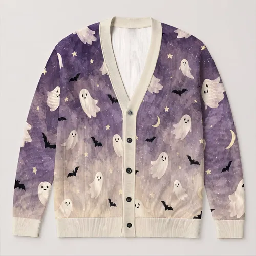 Cute Halloween Ghosts And Bats For Cozy Autumn Nights And Festive Seasonal Outings All-over Print Knitted Cardigan