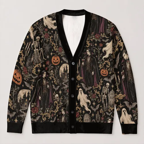 Gothic Vampires, Skeletons and Ghosts for Halloween Parties and Spooky Autumn Nights All-over Print Knitted Cardigan