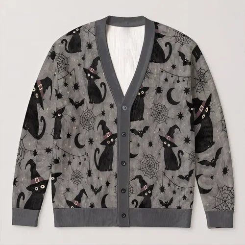 Black Cat Witch and Spider Web Halloween Magic for Spooky Autumn Nights and Parties All-over Print Knitted Cardigan
