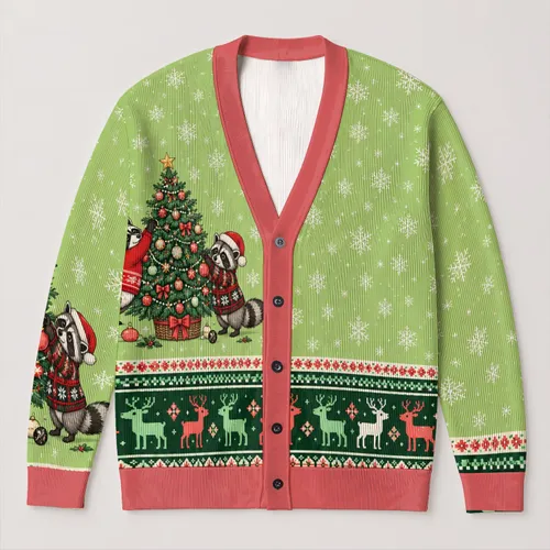Playful Raccoons Decorating a Christmas Tree for Cozy Snowy Holiday Style for Teens All-over Print Knitted Cardigan