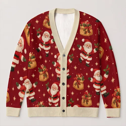 Santa And Gift Sack Holiday Motifs For Cozy Christmas Season Layering All-over Print Knitted Cardigan