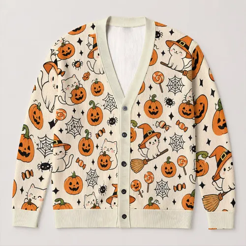 Halloween Cats, Pumpkins And Spiders For Cozy Autumn Everyday Style All-over Print Knitted Cardigan