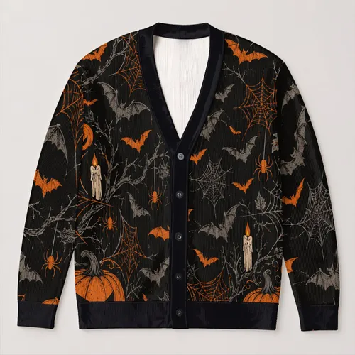 Pumpkin Bat Spiderweb Halloween Motif for Cozy Autumn Nights and Festive Gatherings All-over Print Knitted Cardigan