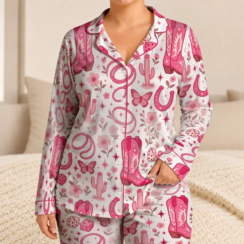 Pink Cowgirl Boots Dice Horseshoes Lasso Motif for Sleepovers and Holidays for Girls Satin Pajamas Set