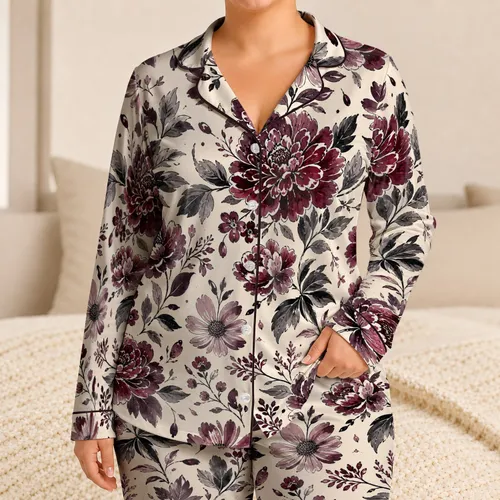 Burgundy Floral Bedroom Style for Cozy Nights, Relaxed Evenings, Women at Home Daily Satin Pajamas Set