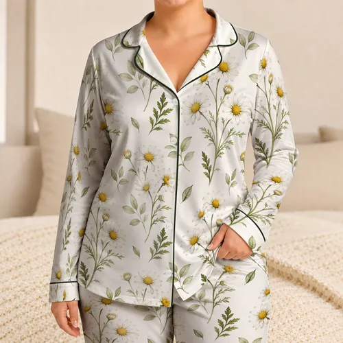 White Daisy And Sage Leaf Botanical For Summer Evenings, Cozy At-Home Gift For Women Satin Pajamas Set