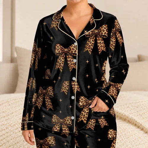 Black Leopard Bow Motif for Cozy Nights, Giftable Chic, and Bold Women's Style Wear Satin Pajamas Set
