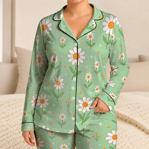 Soft Mint Green Daisy Bloom for Cozy Evenings, Summer Lounging, Women Who Love Floral Satin Pajamas Set
