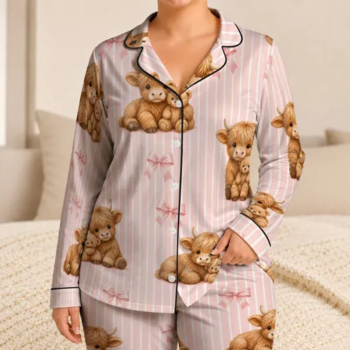 Blush Stripe Highland Cow And Teddy Bear For Cozy Lounging And Sweet Bedtime Women Satin Pajamas Set