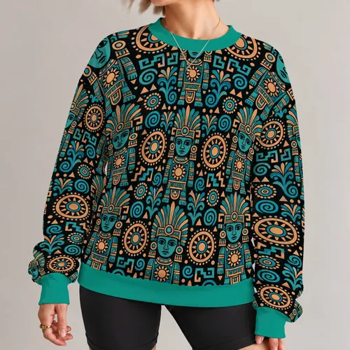 Teal Feathered Sun Motif For Bold Festival Style And Everyday Bohemian Wear All-over Print Knitted Sweater