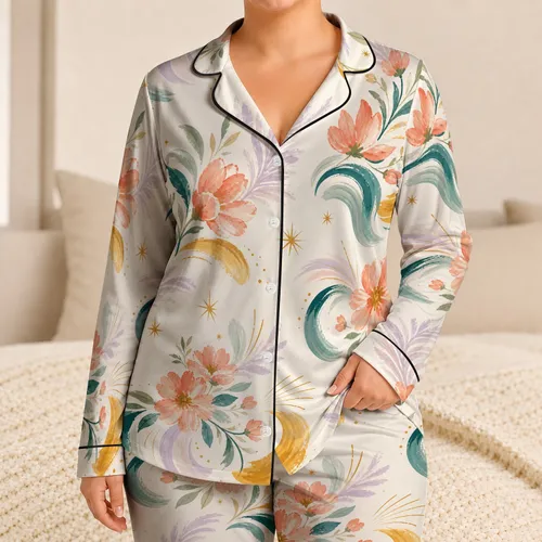 Ivory Teal Cottagecore Abstract Moon And Blossom Cozy Home Evening Style For Women Satin Pajamas Set