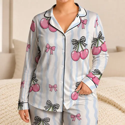 Soft Blue Stripe Cherry Bow Sleep Style for Summer Nights and Gift Giving for Women Satin Pajamas Set