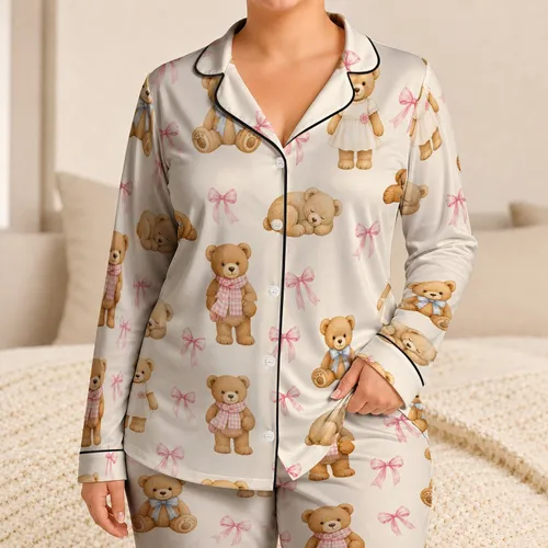 Sweet Teddy Bear and Pink Bow Bedtime Look for Cozy Nights, Cute Girly Style for Women Satin Pajamas Set