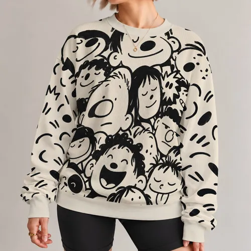 Monochrome Cartoon Faces for Casual Outings and Everyday Wear All-over Print Knitted Sweater