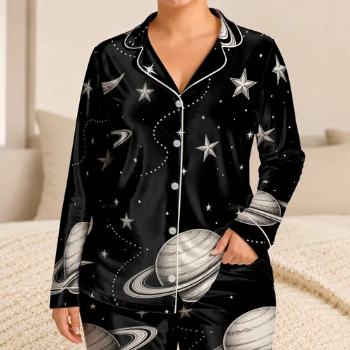 Celestial Moon And Planet Lounge Set For Cozy Nights, Gifts, And Relaxed Days At Home Satin Pajamas Set