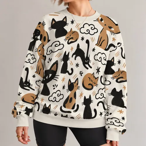 Playful Black Cat and Tan Feline Motifs for Casual Autumn Streetwear Looks All-over Print Knitted Sweater