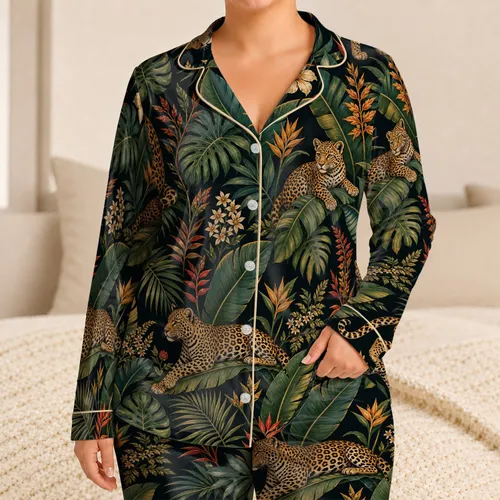 Tropical Leopard Cats And Jungle Leaves Cozy Resort Evenings Gift For Women At Home Satin Pajamas Set