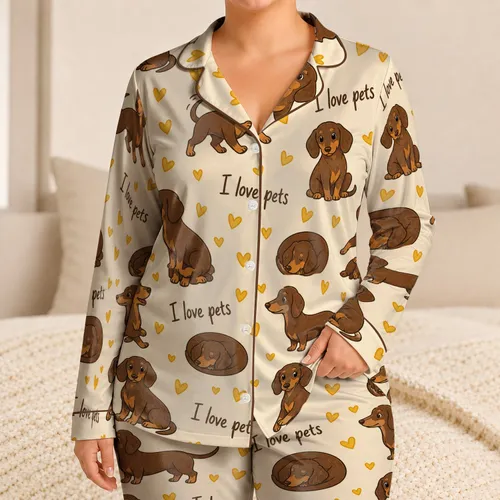 Dachshund Heart Motif Loungewear for Cozy Evenings and Gift Giving for Dog Lovers Satin Pajamas Set