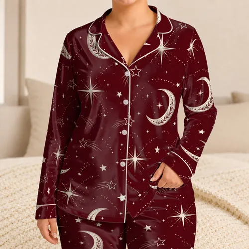 Burgundy Moon And Star Celestial Cozy Vintage Nights For Women Plus Size At Home Satin Pajamas Set