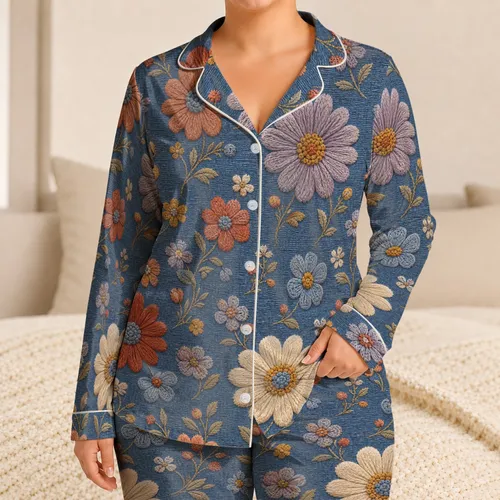 Slate Blue Daisy Blooms Cozy Home Gift for Mom and Women Who Love Vintage Charm Satin Pajamas Set