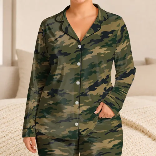 Woodland Camo Style For Cozy Nights, Lounging, And Casual Weekend Wear At Home For Women Satin Pajamas Set