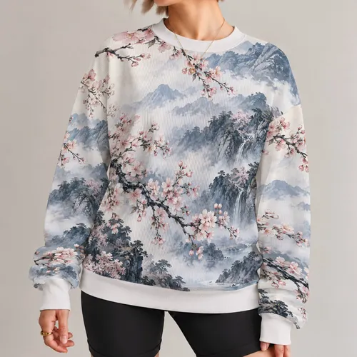 Blossoming Cherry Branches And Misty Blue Peaks For Serene Springtime Nature Escapes All-over Print Knitted Sweater