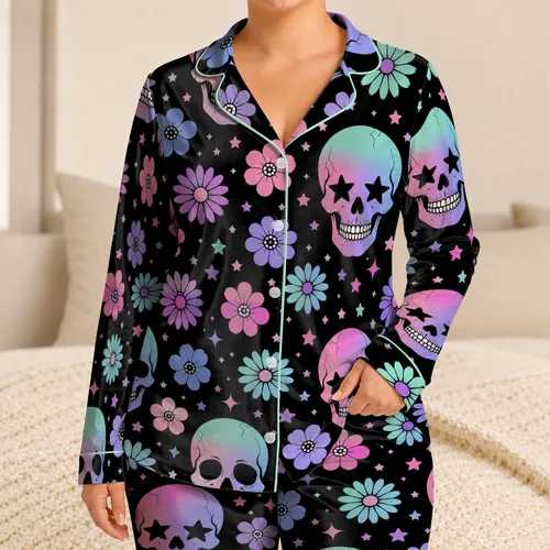 Pastel Goth Skull Floral Relaxed Homewear For Cozy Evenings Gift Giving For Women Satin Pajamas Set