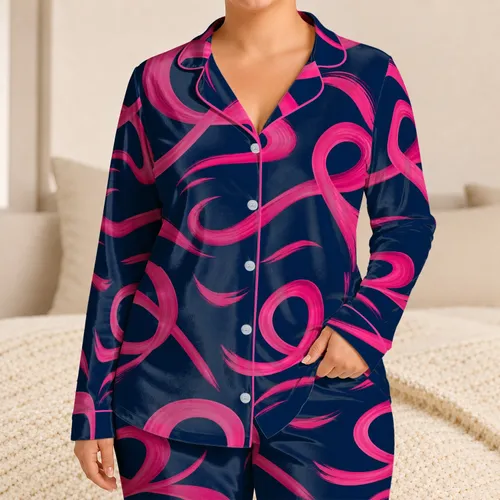Navy Blue And Hot Pink Abstract Brushwork Resort Wear For Travel And Relaxed Evenings Satin Pajamas Set