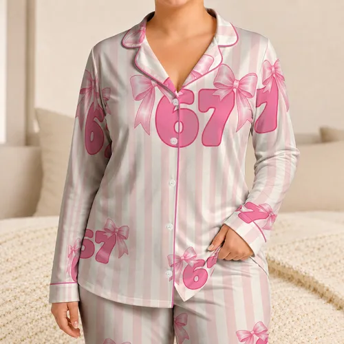 Y2K Valentine 67 Pink Bow Accent for Sweetheart Lounging and Sleepwear Gift Women Satin Pajamas Set