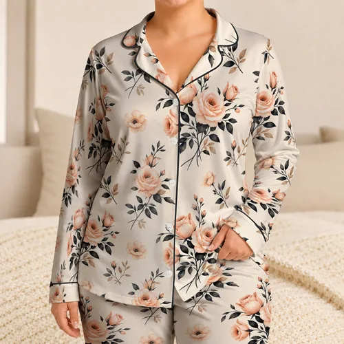 Blush Rose Blooms On Ivory For Relaxed Evenings And Weekend Comfort All Season At Home Satin Pajamas Set