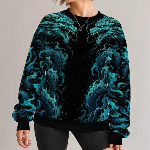Twin Teal Dragon Heads for Dark Fantasy Nights and Everyday Streetwear Style Fans All-over Print Knitted Sweater
