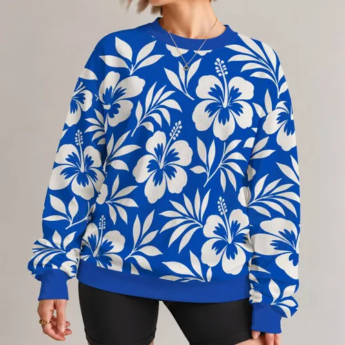 Blue Tropical Hibiscus and Palm Leaves for Relaxed Island Getaways and Summer Days All-over Print Knitted Sweater