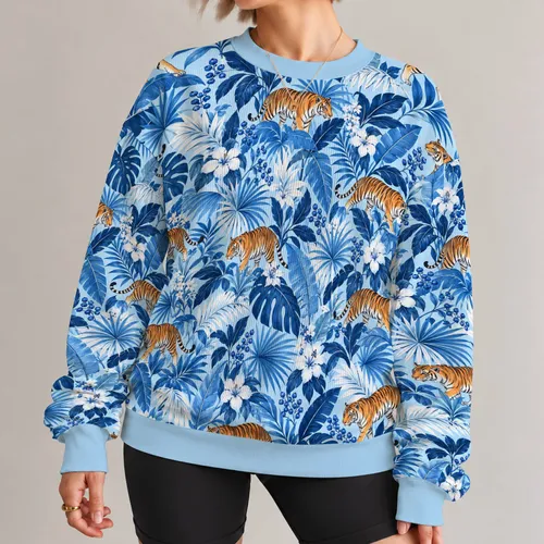 Blue Tiger and Tropical Foliage for Travel Adventures and Everyday Nature Lovers All-over Print Knitted Sweater