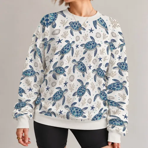 Sea Turtle And Seashell Motifs For Coastal Everyday Wear All-over Print Knitted Sweater