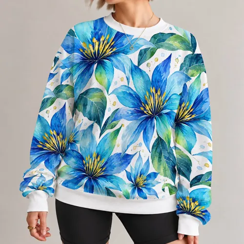 Blue Watercolor Tropical Flowers For Bright Weekend Outings And Relaxed Everyday Style All-over Print Knitted Sweater