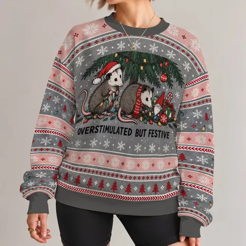 Festive Opossum Holiday Chaos for Christmas Parties and Cozy Winter Celebrations Together All-over Print Knitted Sweater