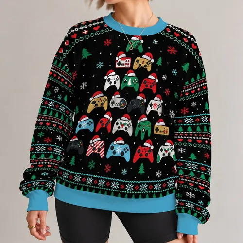 Festive Game Controllers and Nordic Trees for Holiday Gaming Parties and Celebrations All-over Print Knitted Sweater