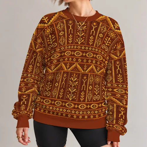 Earthy Folk Motifs for Autumn Outings and Cozy Everyday Wear All-over Print Knitted Sweater