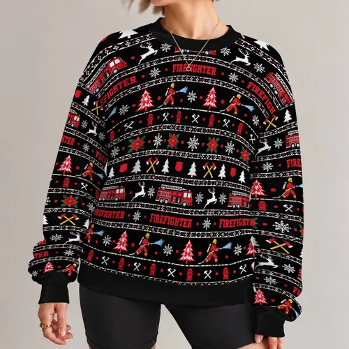 Firefighter Christmas Holiday Cheer for Festive Parties and Casual Winter Wear All-over Print Knitted Sweater