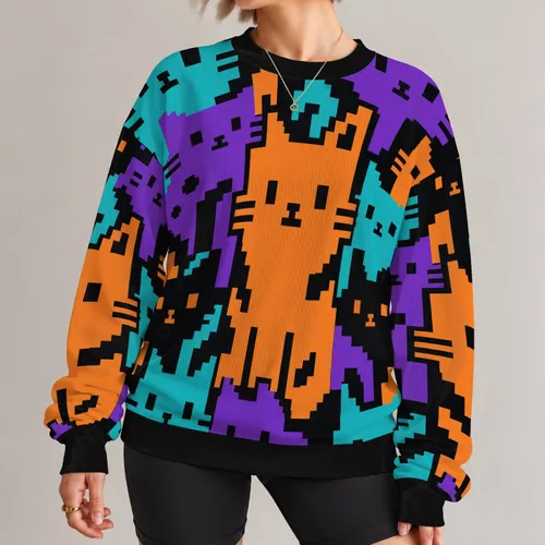 Blocky Cartoon Cats in Bold Colors for Playful Everyday Streetwear All-over Print Knitted Sweater