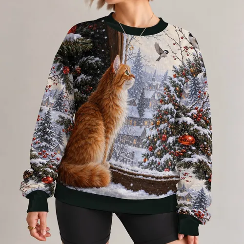 Ginger Cat Watching a Snowy Christmas Tree for Cozy Holiday Evenings All-over Print Knitted Sweater