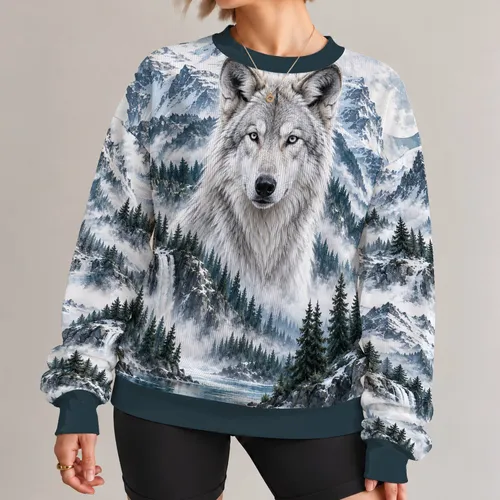White Wolf and Moonlit Mountain Wilderness for Everyday Outdoor Style Nature Lovers All-over Print Knitted Sweater