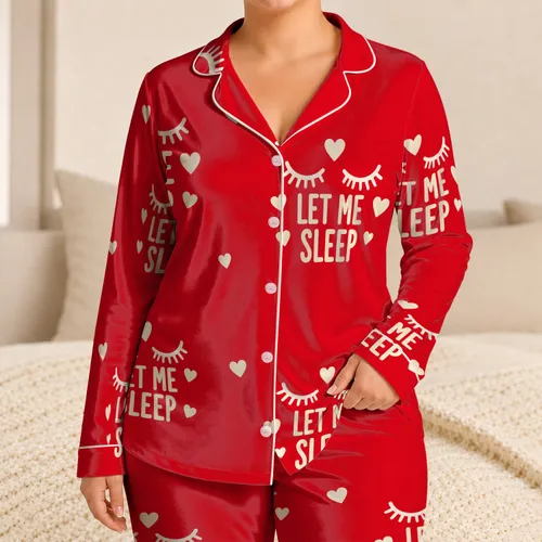 Sleepy Eyes And Heart Motif In Cherry Red For Cozy Bedtime Gifts For Her Night Set Satin Pajamas Set