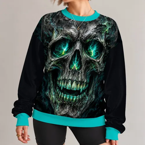 Neon Teal Skull Face for Halloween Fitness, Gym Sessions and Nightlife Style for Men All-over Print Knitted Sweater