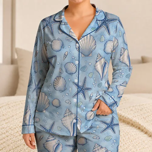 Women's Seashell And Starfish Coastal Retreat Style For Relaxed Beach Nights At Home Satin Pajamas Set