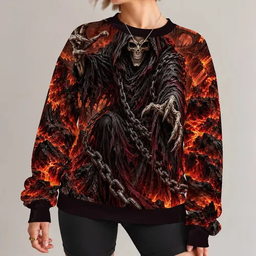 Hooded Grim Reaper And Infernal Flames For Halloween Nightlife And Dark Style All-over Print Knitted Sweater