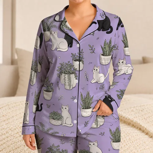 Cat And Houseplant Lavender Theme For Cozy Home Evenings And Gift Giving For Women Satin Pajamas Set