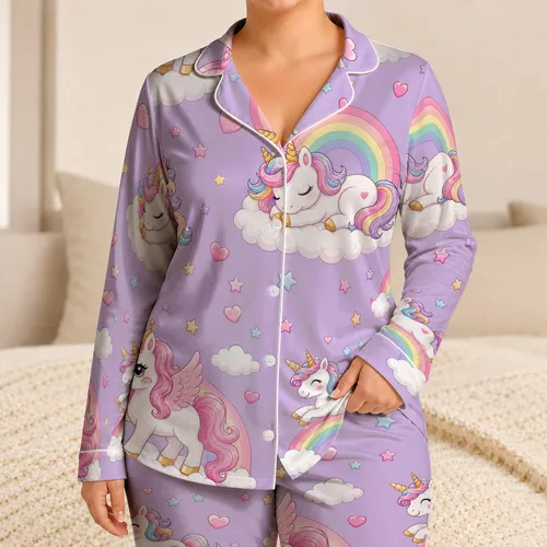 Pastel Cozy Unicorn And Rainbow Bedtime Wear For Girls, Gifts, And Lounging At Home Satin Pajamas Set