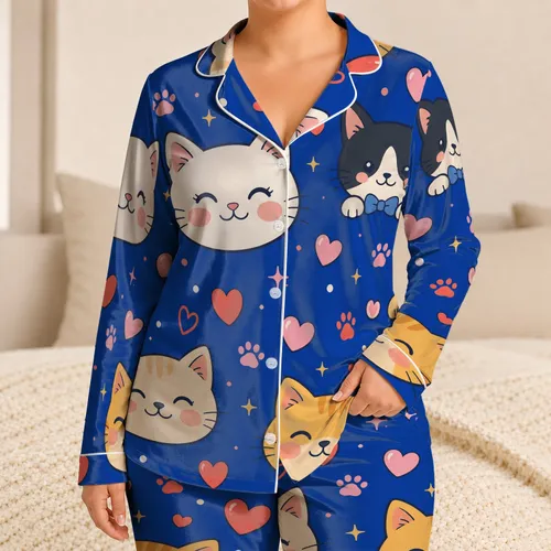 Kawaii Cat Faces Cozy Lounge Wear For Sleepovers, Gifts, And Relaxed Home Days For Women Satin Pajamas Set